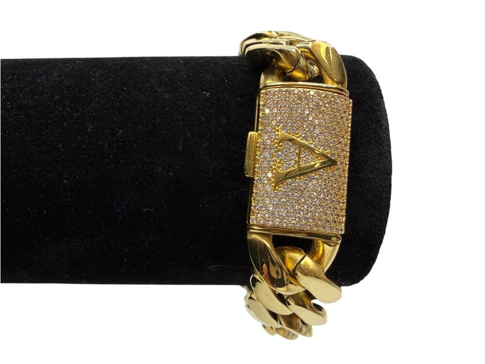 Heavy Gold Tone Cuban Link Chain Bracelet w/ Pave Diamond Initial 'A' Clasp 6"